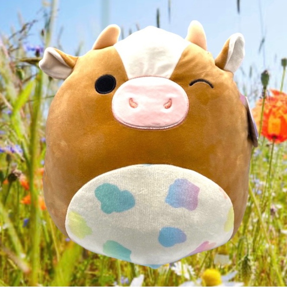 Squishmallow 14” Griella The Brown Cow Rainbow Spot Belly Pink Nose Easter Plush